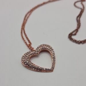 Source Unknown Rose Gold Tone  Heart Necklace With Lots Of Rhinestone Sparkle